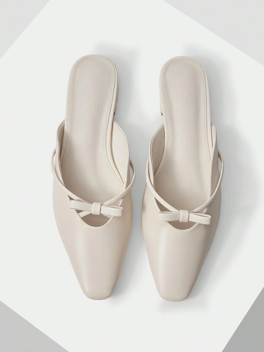 MOTF PREMIUM WOMEN SOLID COLOR SIMPLE BOWKNOT DECORATION POINTED TOE FLAT SHOES, FOR CHRISTMAS FALL NEW YEAR HOLIDAY - Beige - View 1