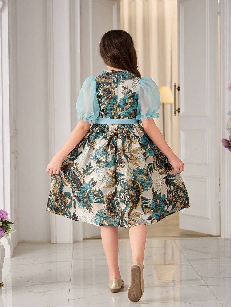 Tween Girl's Elegant Floral Jacquard & Organza Splice Dress With Rhinestone Buckle Belt