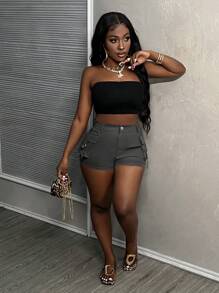 Slaydiva Quần short dạo phố lưng thun có khóa kéo Fly Cargo với vải dệt màu xám đậm và túi chức năng dành cho nữ - H - Màu xám đen - Xem 4