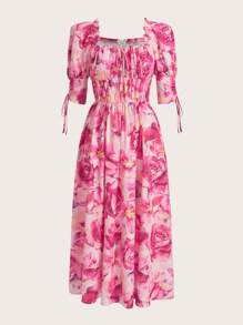 Seusyu Women's Random Printed Square Neckline Dress - Red - View 6