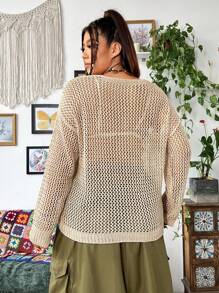 Flirla Plus Size Plain Fashionable Retro Hollow Knitted Long Sleeve Sweater Fall Winter - Multicolor - View 2