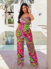 SHEIN SXY Ensemble deux pièces de vacances composé d'un foulard tête imprimé cachemire et d'un pantalon droit taille haute