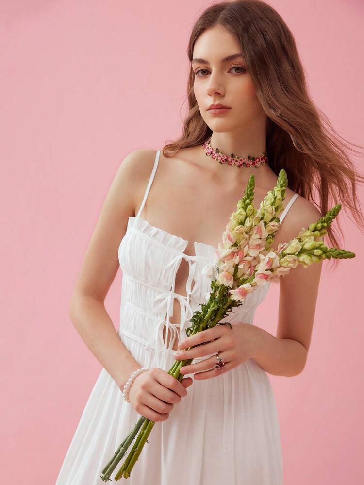 Women's White Summer Holiday Frill Trim Spaghetti Strap Bow Dress