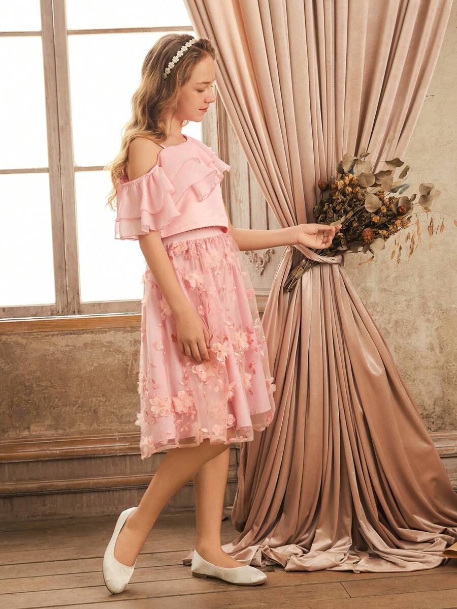 SHEIN Cô gái Vai xiên Hai lớp Trang trí lá sen Áo Với Lưới Thêu Váy Cốt lõi Hai chiếc Bộ - Hồng - Xem 1