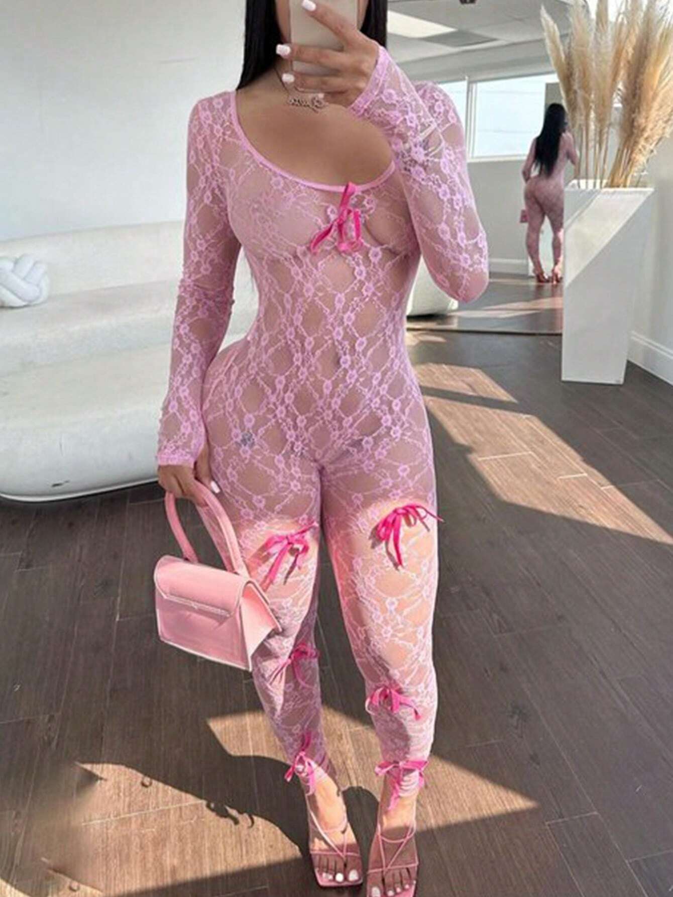 Women’S Solid Color Bow Decor Skinny Jumpsuit, Simple Everyday Wear Pink Spring