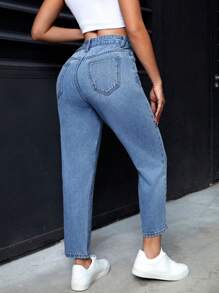 SHEIN PETITE 女士日常休閒錐形牛仔褲，附口袋 - 中等水洗藍 - 查看 5