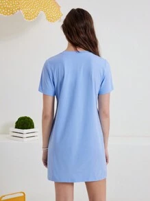 We Bare Bears X SHEIN 夏季卡通熊印花短袖連衣裙 - 淺色水洗藍 - 查看 2