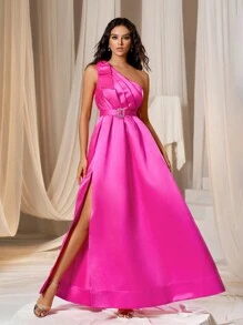 One Shoulder Plicated Detail Split Thigh Rhinestone Belted Satin Dress - Hot Pink - View 1