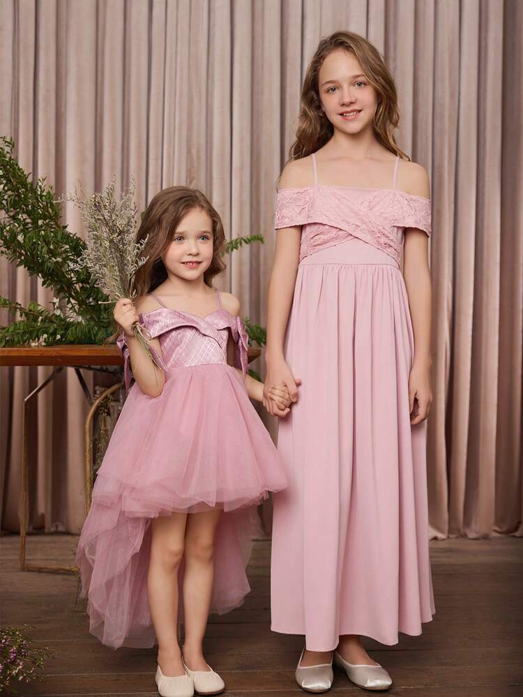 Tween Girl Solid Color Sleeveless Cami Dress With Lace Splicing & Shoulder Strap Cross Design, Suitable For Summer And Holiday