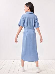 SHEIN 少女信件拼接休閒襯衫連身裙 - 淺藍色 - 查看 2