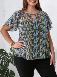 EMERY ROSE Plus Size Women'S Keyhole Neckline Butterfly Sleeve With All-Over Leaf Print Flower Shirt For Summer