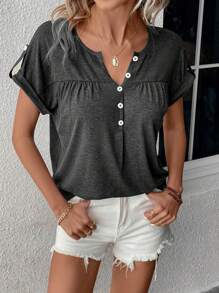 SHEIN LUNE Women's Casual Half-Button Short Sleeve T-Shirt, Spring/Summer