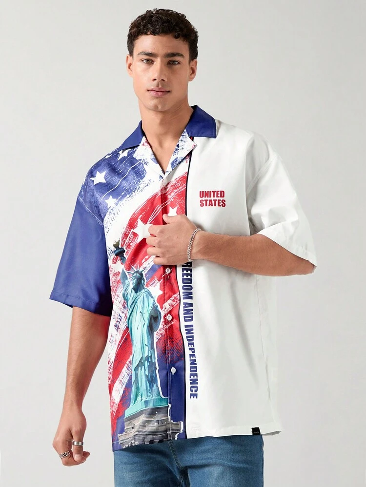 Men's USA Shirt,Fashionable Colorblock Woven Casual Shirt With USA Flag Design, Printed Short Sleeve Summer Usa Top,Lightweight And Breathable Summer,Independence Day 4th Of July Celebration Style