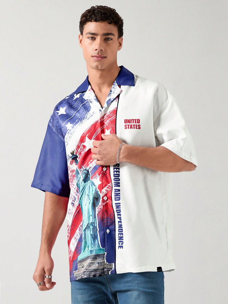 Men's USA Shirt,Fashionable Red White And Blue Colorblock Woven Casual Shirt With USA Flag Design,Printed Short Sleeve Summer Streetwear Festival