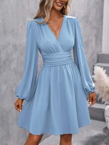 EMERY ROSE Women's Shirred V-Neck Long Sleeve High Waist Summer Dress Fall Cloth For Women