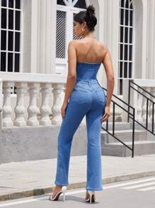 SHEIN Essnce Women's Solid Color Strapless Denim Jumpsuit With Pockets, Summer - Light Wash - View 2