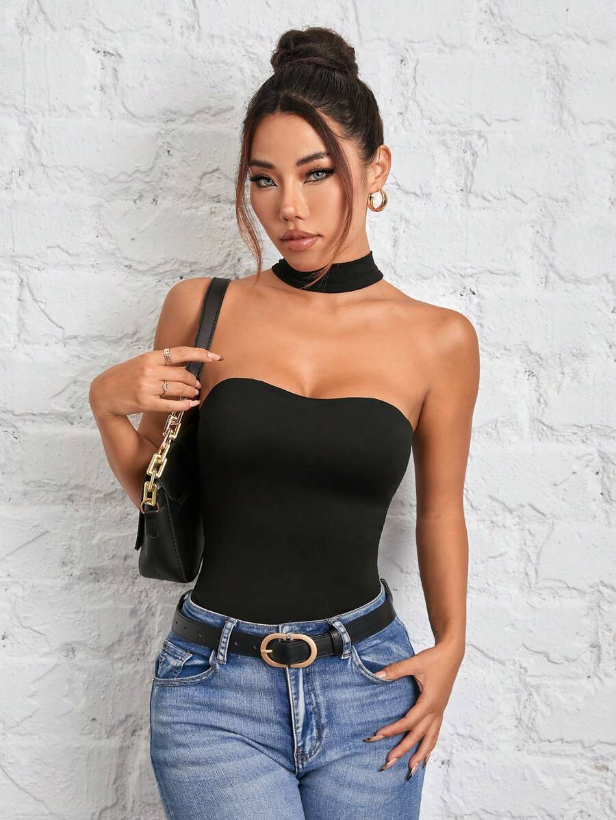SHEIN PETITE Women's Halterneck Reversible Black Bodysuit ,Petite Women - Black - View 1