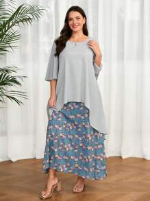 Mulvari 加大码圆领纯色不对称下摆上衣和花卉印花无袖连衣裙套装 2 件套