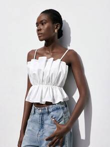 Maija Blusa corta de mujer con cintura plisada y ceñida, diseño elegante y minimalista apta para graduaciones, volver al colegio o fiestas, primavera-verano-inicio de otoño 2025