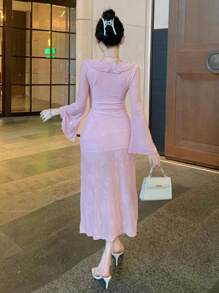 DAZY Flocked Raised Pattern V-Neck Long Sleeve Dress For Women, Autumn Sexy High Slit Dress,Ruffle