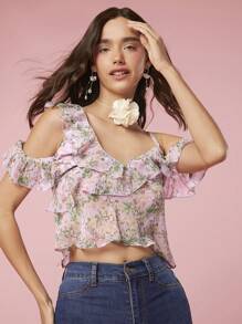 Enchnt Women's Summer Ditsy Floral Splice Off Shoulder Elegant Blouse With Ruffles