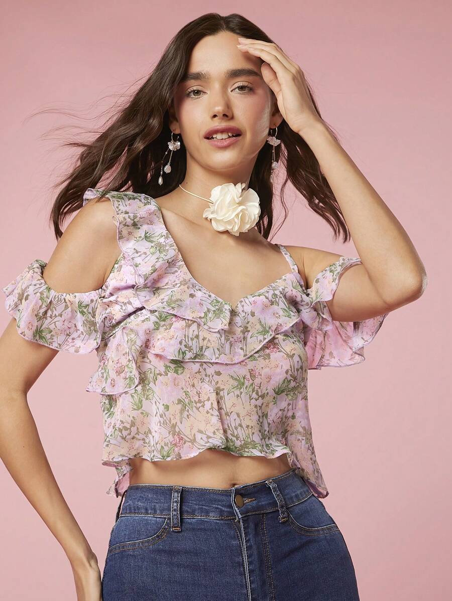 Enchnt Women's Summer Ditsy Floral Splice Off Shoulder Elegant Blouse With Ruffles