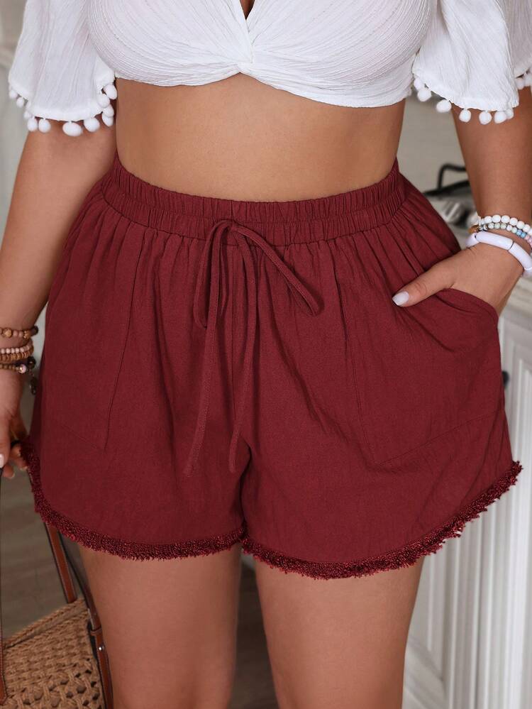 Plus Size Red Vacation Shorts With Pocket And Tassel Decoration For Women