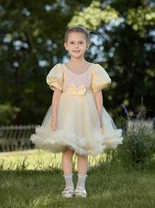 SHEIN Glamorique Kids Fusta de petrecere pentru fetiță drăguță prințesă umflată, material plasă - Bej - Vizualizare 5