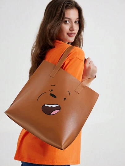 We Bare Bears X SHEIN 卡通圖案棕色手提包