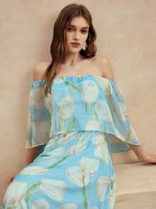 Anewsta Women's Casual Holiday Off Shoulder Blue Romantic Floral Dress - Blue - View 2