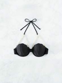 Swim Chiccia 2026 Spring/Summer Pearl Chain Spaghetti Strap Halter Seashell Hard Cup Cleavage Enhancing Black Elegant Bikini Top - Black - View 2