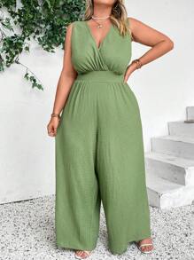 SHEIN CURVE+ Enterizo sin mangas verde menta con escote en V y pantalones de pierna ancha - Verde Oliva - Ver 1