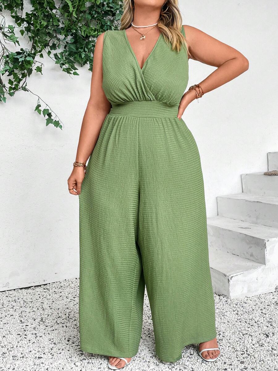 SHEIN CURVE+ Enterizo sin mangas verde menta con escote en V y pantalones de pierna ancha - Verde Oliva - Ver 1