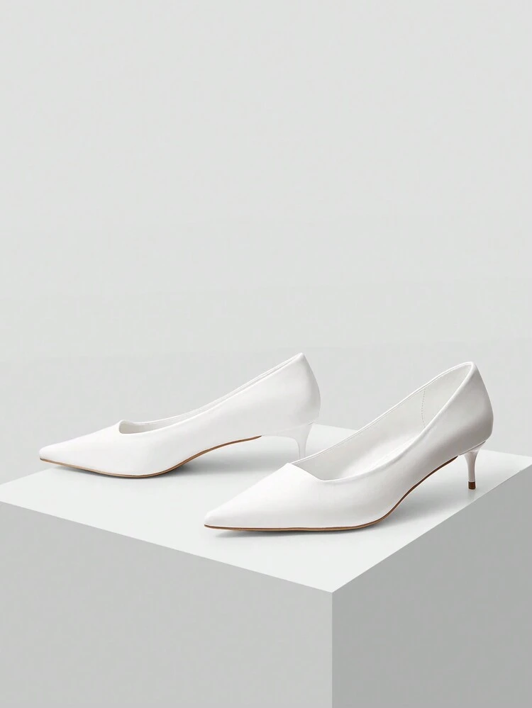Sapatos Brancos de Salto Baixo Simples com Ponta, Estilo Versátil