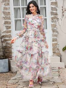 翻领灯笼袖荷叶边厚重网眼印花腰部收紧蓬松摇摆长礼服优雅长袖舞会半正式婚礼宾客礼服，适合生日、毕业典礼、返校节派对礼服 - 米色 - 查看 3