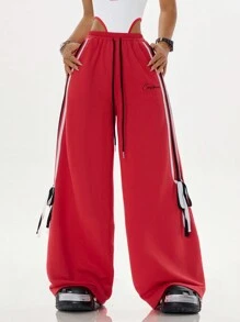 SHEIN Coolane 女性時尚街頭風格側踏彩色編織帶蝴蝶結細節-結繡標誌長褲，完美適用於春夏搭配 - 紅色 - 查看 5