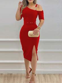 ChicMe Chain Strap Cold Shoulder Belted Slim Fit Slit Midi Dress For Party Event Dress - Red - View 3