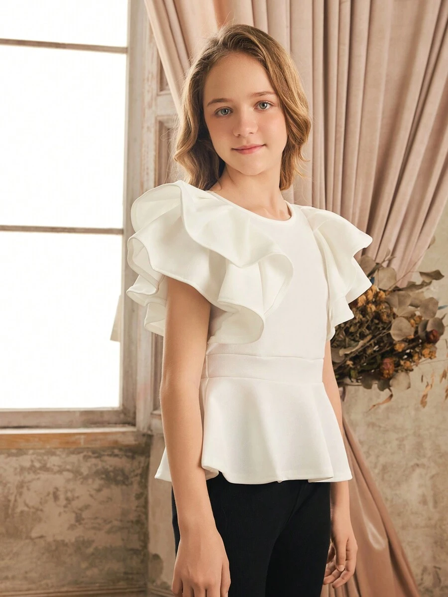 SHEIN Tween Girl Elegant And Stylish Round Neck Plain T-Shirt With Pleated Ruffle Hem Detail - White - View 1