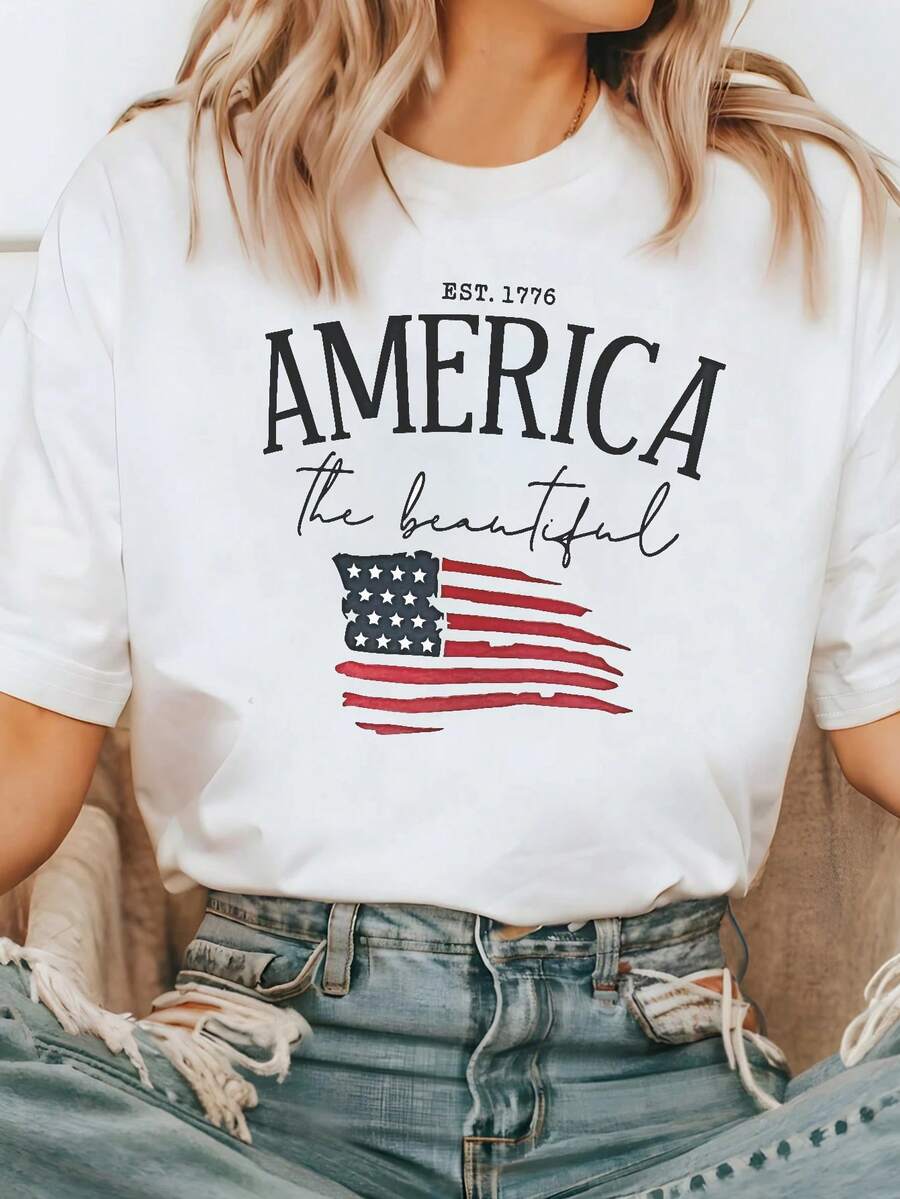 Camiseta de mujer de manga corta y cuello redondo casual de verano con bandera estadounidense impresa en letras