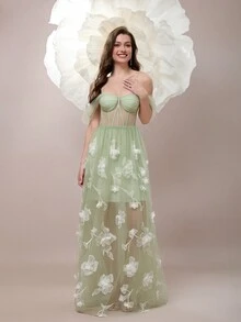 女士 3D 花卉点缀露肩薄纱正式晚礼服 - 綠色 - 查看 5