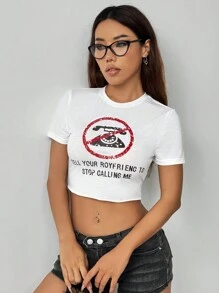 SHEIN Unity 女式 Y2K 风格休闲百搭印花 T 恤和短款上衣 - 白色 - 查看 6