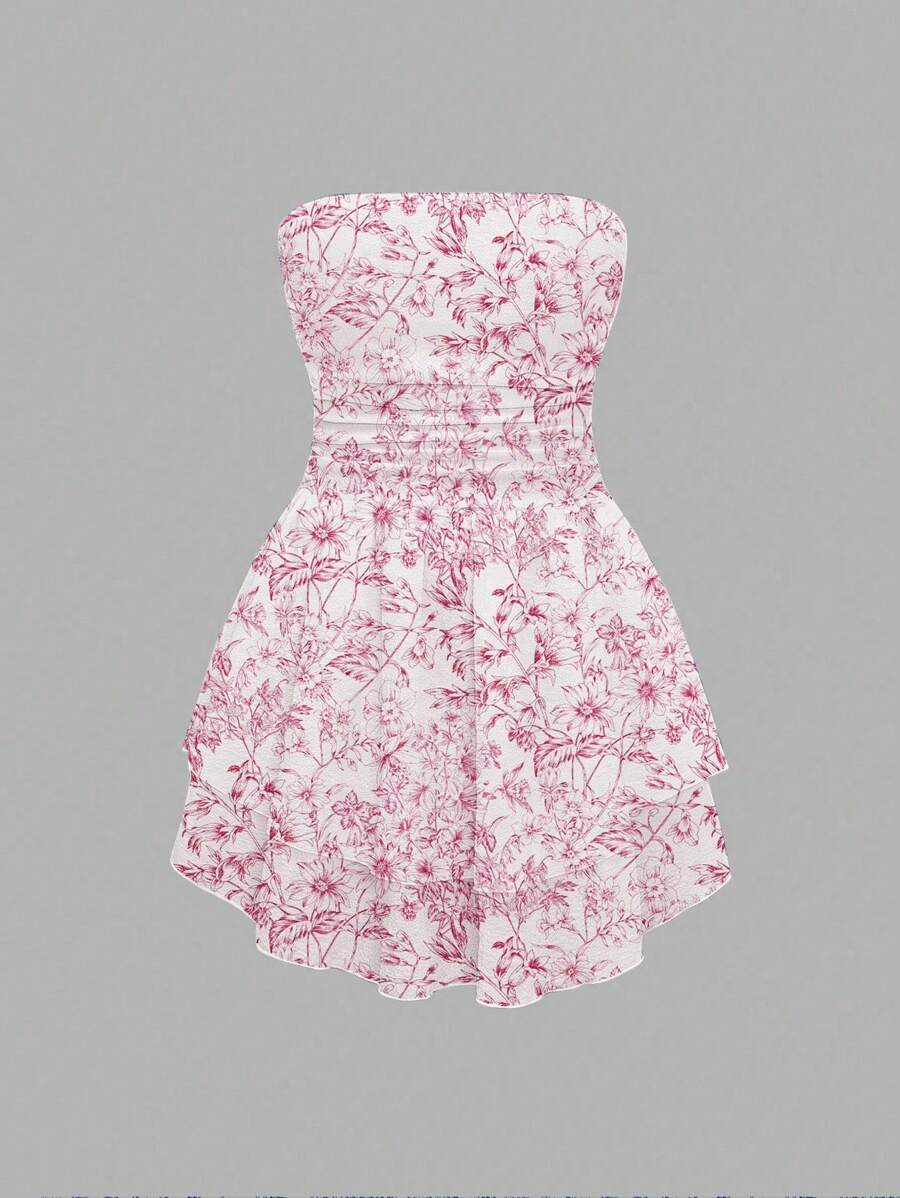 SHEIN Unity 假日無肩帶無背心植物印花雙層褶邊連衣裙 - 粉色 - 查看 1