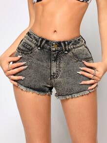 Women's Frayed Hem Summer Fashion Denim Shorts, Washed - Black - View 8