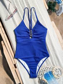 Swim Basics Traje de baño de una sola pieza sin espalda con arrugas y unicolor para la playa de verano - azul real - Ver 6