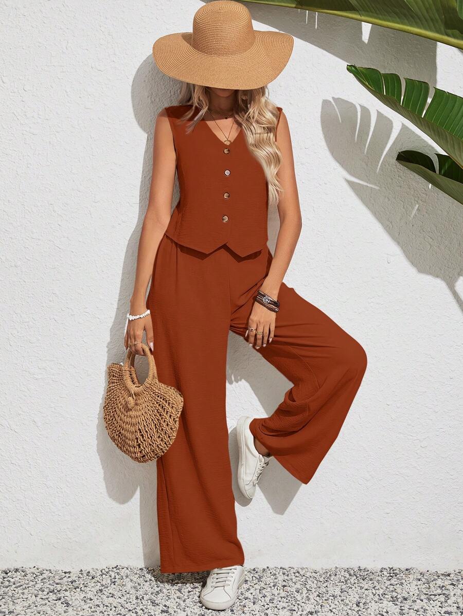 SHEIN Frenchy Setelan Dua Potong Wanita Warna Polos, Atasan Tanpa Lengan dan Celana Panjang, Gaya Liburan Klasik, Cocok untuk Pakaian Kembali ke Sekolah, Pakaian Alami Musim Panas - Burnt Orange - View 1