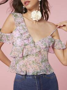 Enchnt Women's Summer Ditsy Floral Splice Off Shoulder Elegant Blouse With Ruffles