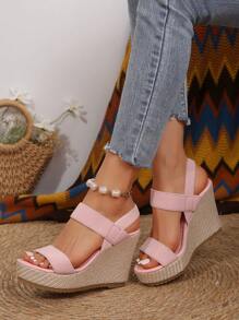 Women's Platform Wedge Sandals, Thick Sole, European & American Cross-Border Plus Size, Rope Platform Fashion High Heel Sandals, Slip-On Chunky Heel Sandals - Pink - View 4