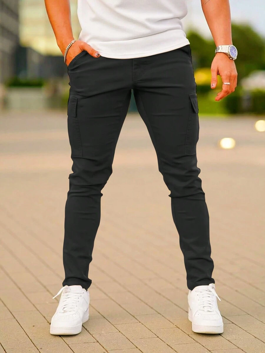 Men's Solid Color Straight Leg Casual Pants With Pockets, Functional & Fashionable, All Season - màu đen - Xem 1