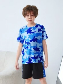 SHEIN Tween Boy Loose Fit Camouflage Pattern Round Neck Short Sleeve Shorts Knitted Flame Retardant Pajamas 2 Pieces Set, Summer - Blue - View 5