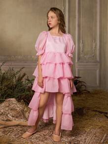 SHEIN Tween Girl's Square Neck Puff Sleeve Asymmetrical Ruffled Trim Tulle Dress - Pink - View 3